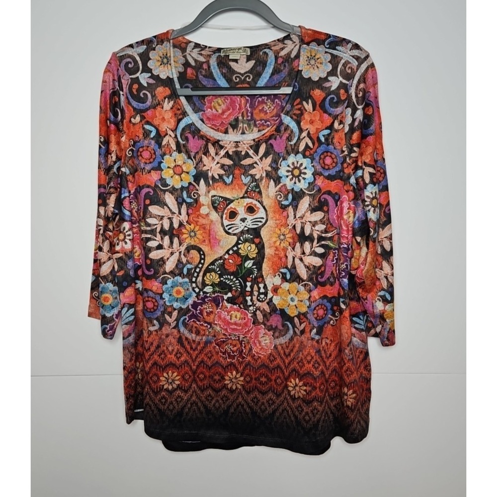 Energe World Wear Womens‎ Sugar Skull Cat Día De Los Muertos Shirt Size 1X